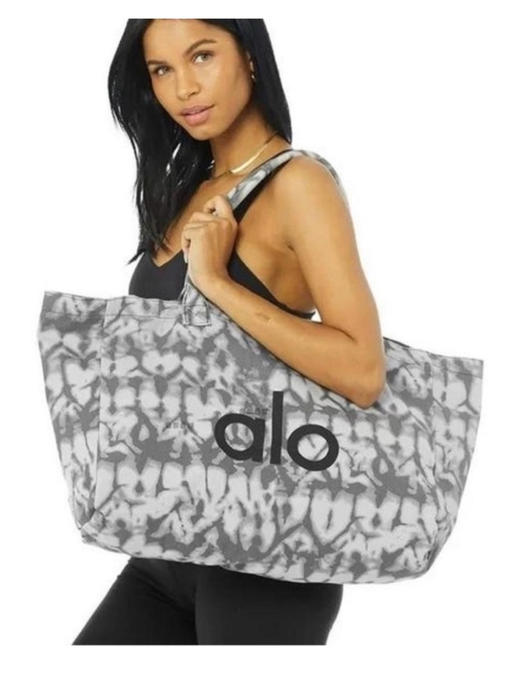 ALO Yoga Gray Tie-Dye Logo Tote — Black Logo